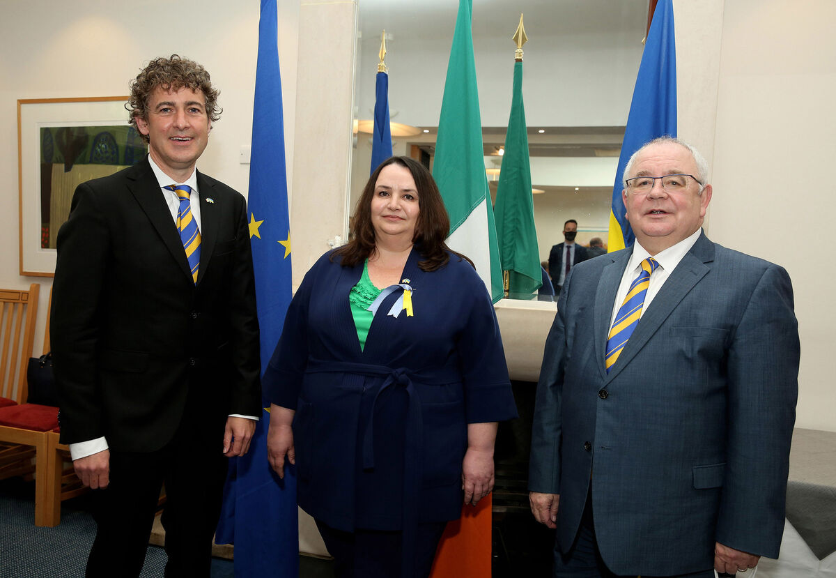 Senator Mark Daly, Cathaoirleach of Seanad Éireann; Ukrainian ambassador to Ireland Larysa Gerasko; and Seán Ó Fearghaíl, Ceann Comhairle of Dáil Éireann in Leinster House, following the address by Volodymyr Zelenskyy. Picture: Maxwells/PA Wire