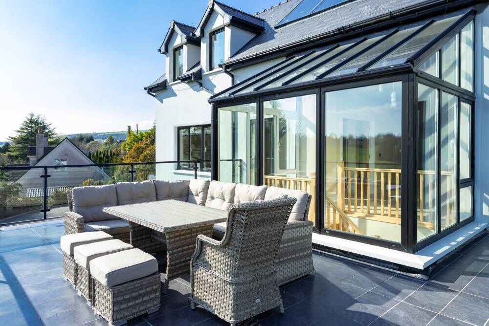 Glass atrium and outdoor terrace