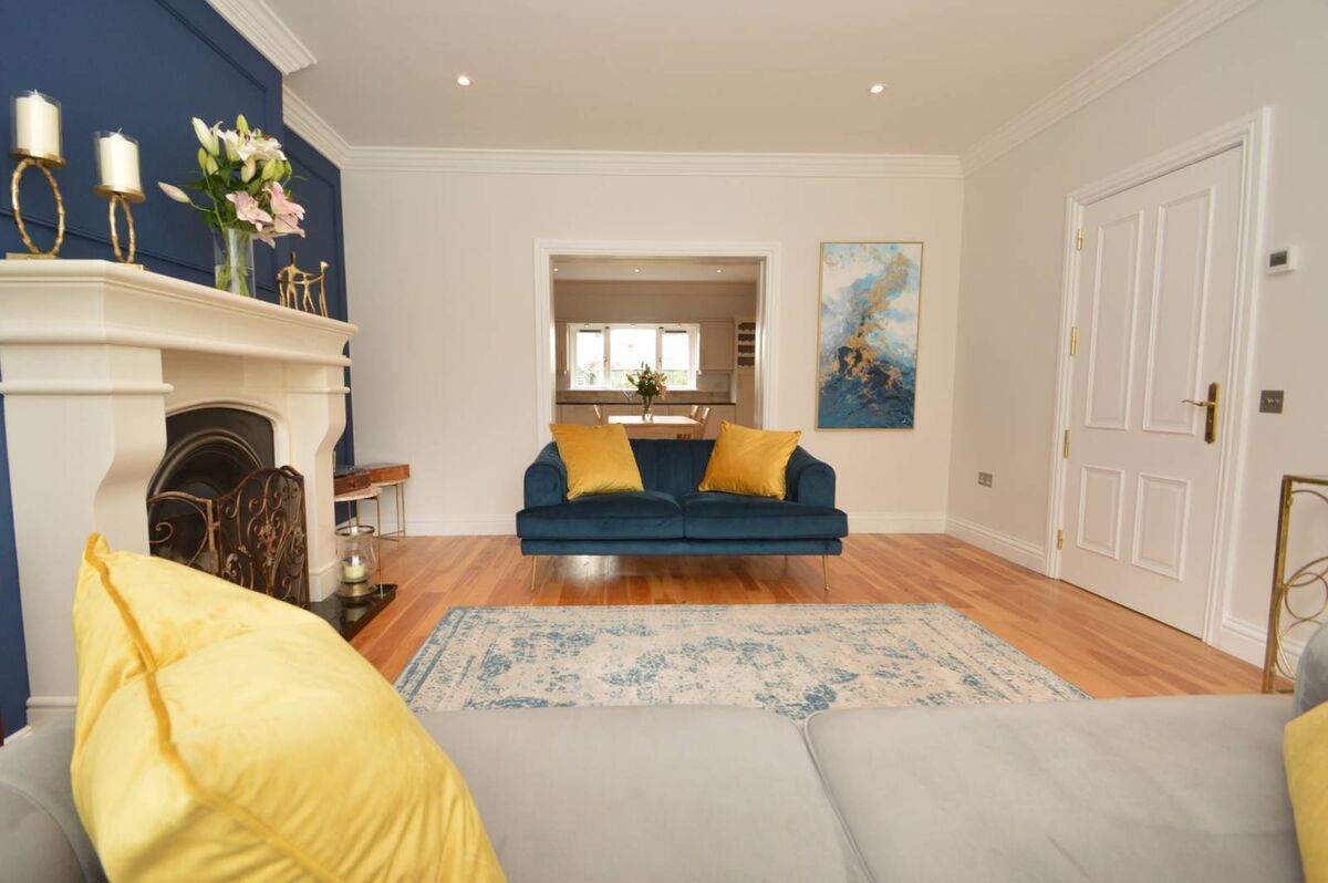 Living room with pocket doors to kitchen Living room with pocket doors to kitchen