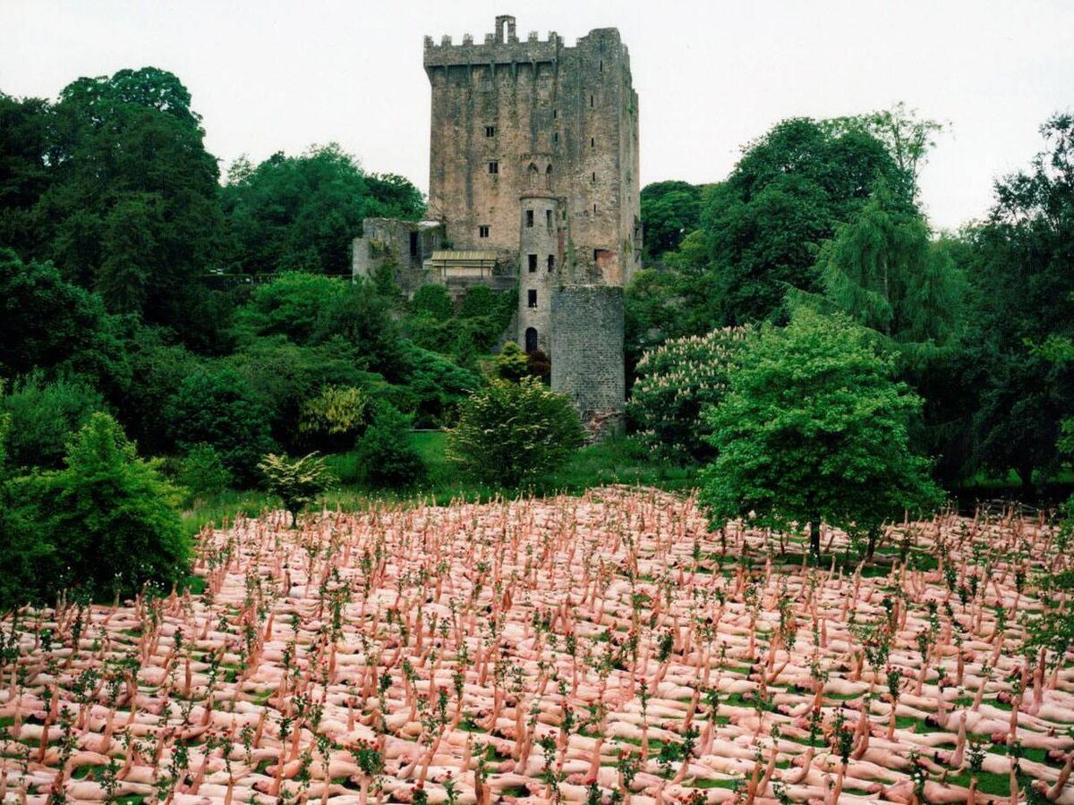 Blarney Castle with the crowd assembled by Spencer Tunick. 