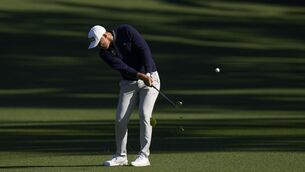 <p>Séamus Power, of Ireland, hits from the second fairway during the second round at the Masters golf tournament on Friday, April 8, 2022, in Augusta, Ga. (AP Photo/Jae C. Hong)</p>