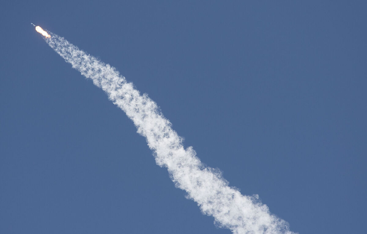 A SpaceX Falcon 9 rocket with the Crew Dragon capsule attached, lifts off with the first private crew from Launch Complex 39A Friday, April 8, at the Kennedy Space Center. (Joel Kowsky/NASA via AP)