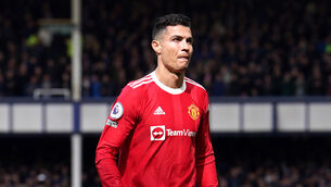 <p>Manchester United’s Cristiano Ronaldo after the final whistle at Goodison Park (Martin Rickett/PA)</p>