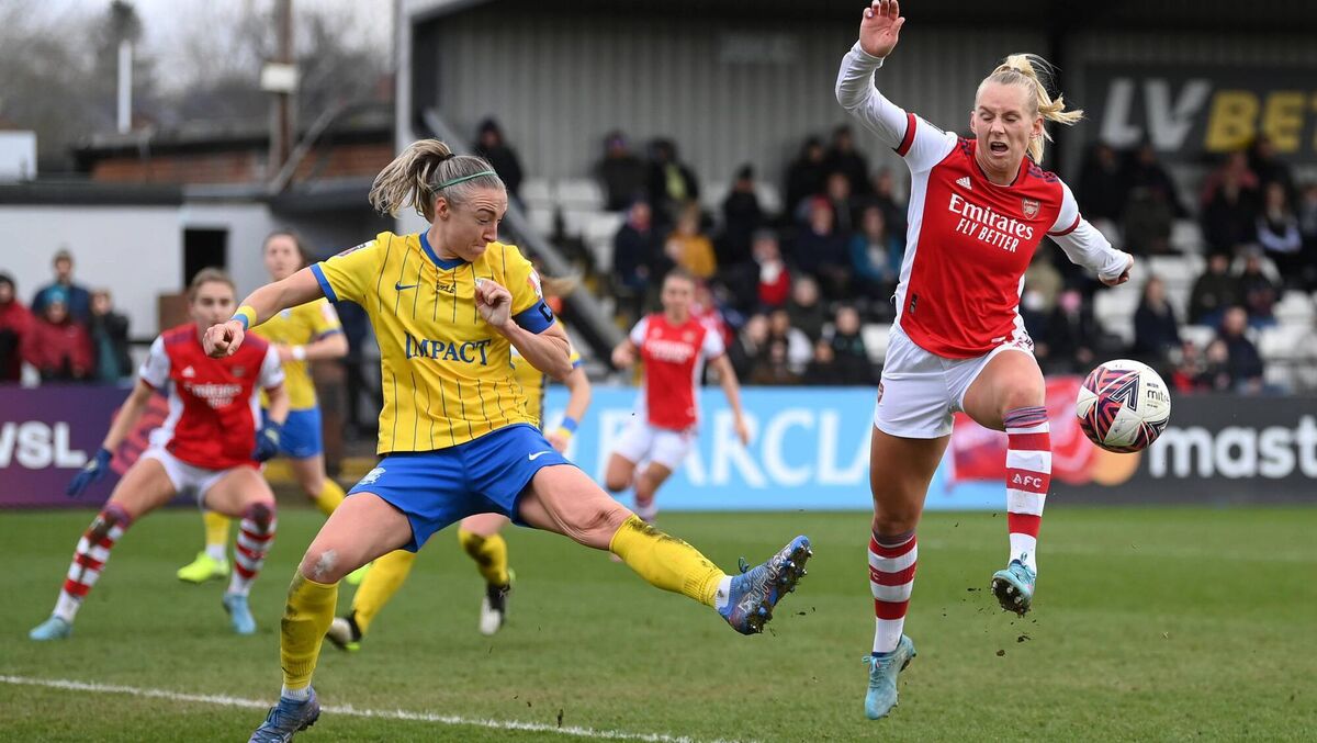 BOREHAMWOOD, ENGLAND - MARCH 06: Stina Blackstenius of Arsenal misses a chance blocked by Louise Quinn of Birmingham City during the Barclays FA Women's Super League match between Arsenal Women and Birmingham City Women at Meadow Park on March 06, 2022 in Borehamwood, England. (Photo by Justin Setterfield/Getty Images)