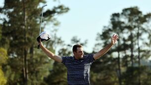 <p>HOT: Scottie Scheffler celebrates on the 18th green after winning the Masters at Augusta National by three shots. Pic: Gregory Shamus, Getty Images</p>