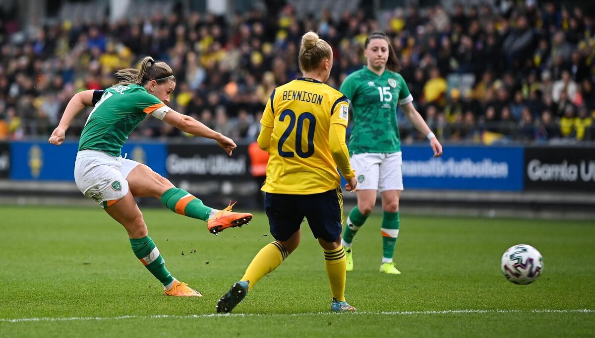 Captain marvel: Katie McCabe shoots to score Ireland's opener in Gothenburg as hosts Sweden were left stunned. Picture: Stephen McCarthy/Sportsfile