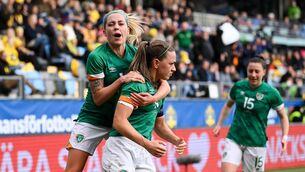 <p>Feels so good: Ireland captain Katie McCabe celebrates with teammate Denise O'Sullivan as the visitors brought an end to Sweden's perfect home record. Picture: Stephen McCarthy/Sportsfile</p>