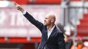<p>Ajax coach Erik ten Hag gestures from the sidelines during the Dutch Eredivisie football match between FC Twente and Ajax. Picture: Getty Images</p>