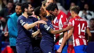 <p>Tempers flare: Atletico Madrid's Stefan Savic clashes with Manchester City's Raheem Sterling during the closing minutes of a tense UEFA Champions League quarter final, second leg at the Wanda Metropolitano. Picture: Nick Potts/PA Wire.</p>