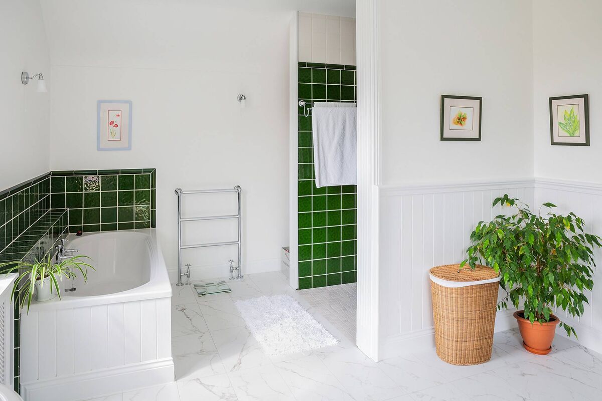 Ensuite bathroom with striking tiles