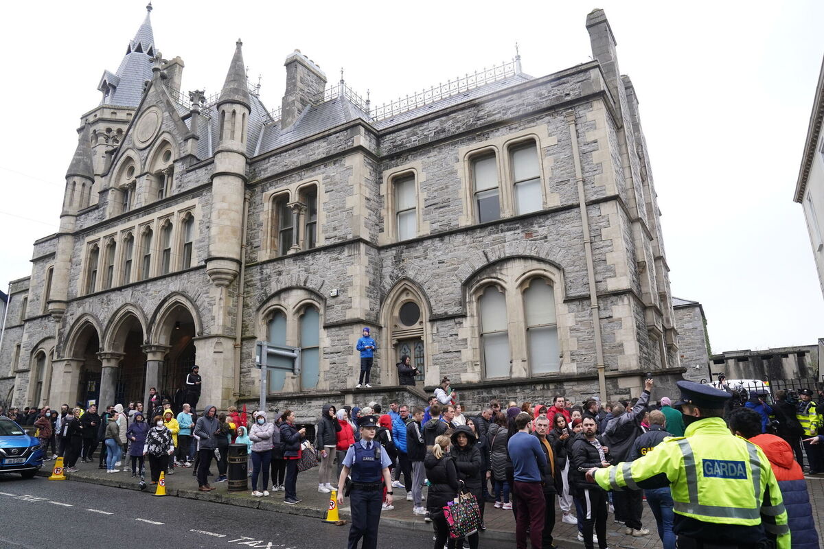Crowds outside Sligo District Court before the van carrying Yousef Palani leaves. Photo: Brian Lawless/PA