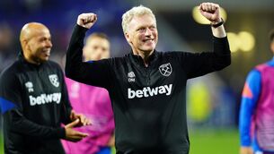 <p>West Ham United manager David Moyes celebrates victory after the final whistle in the UEFA Europa League quarter final, second leg match at the Groupama Stadium in Lyon, France. Picture date: Thursday April 14, 2022. PA Photo. See PA story SOCCER West Ham. Photo credit should read: Adam Davy/PA Wire.</p>