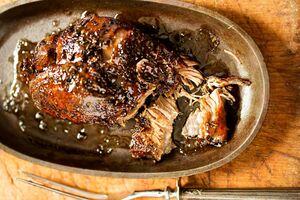 Slow roast shoulder of spring lamb with wild garlic aioli and fresh mint chutney