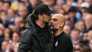 <p>You again: Manchester City manager Pep Guardiola (right) embraces Liverpool manager Jurgen Klopp last Sunday before they meet again this weekend. Photo: PA Wire</p>