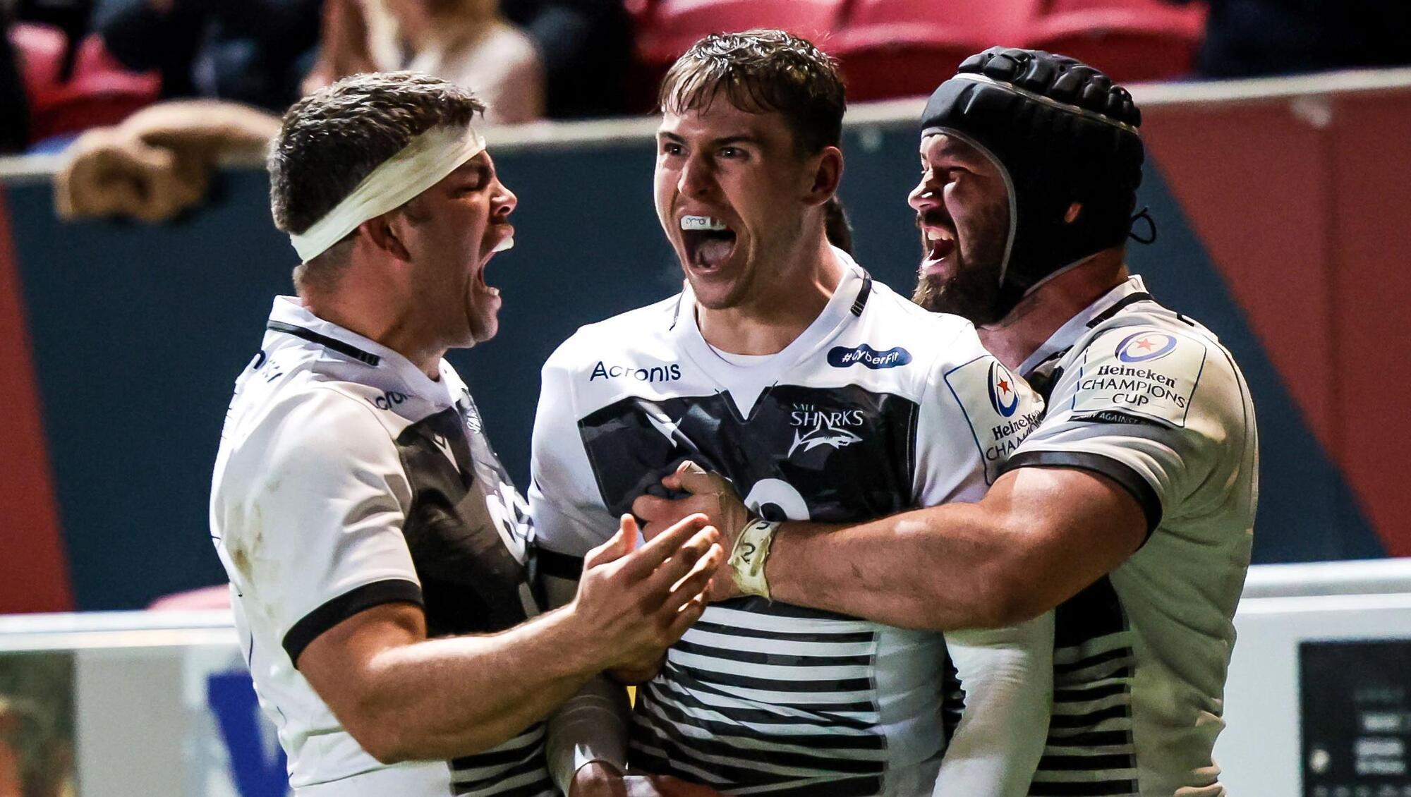 Sale Sharks' Tom Roebuck celebrates after scoring a try during the Heineken Champions Cup Round of 16 second leg game against Bristol Bears at Ashton Gate. Picture: Rogan Thomson/Inpho