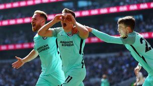 <p>FUTURE'S BRIGHT: Leandro Trossard celebrates Brighton's winner with Alexis Mac Allister and Solly Marchat Tottenham Hotspur Stadium. </p>