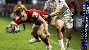 <p>Ulster's Ethan McIlroy scores his second try in the Heineken Champions Cup Rd of 16 tie at Kingspan Stadium in Belfast </p>