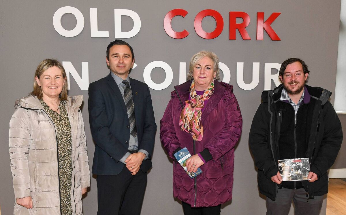 Rose Carroll, Cork County Council, John Crotty, Cllr Sheila O'Callaghan and Conor Nelligan, Cork County Council Heritage Officer, attending the official opening of the 'Old Cork in Colour' exhibition at the Mitchell Hall on Spike Island.