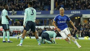<p>Right on time: Everton's Richarlison, right, reacts after scoring his side's late equaliser against Leicester City at Goodison Park. Photo: AP Photo/Jon Super</p>