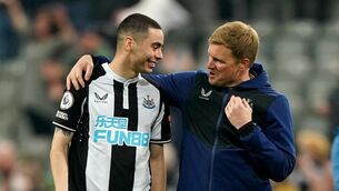<p>Feels so good: Newcastle United's Miguel Almiron and manager Eddie Howe speak at full time after the Magpies won a sixth home game in a row. Photo: Owen Humphreys/PA Wire.</p>