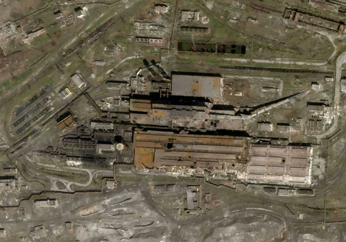 A satellite photo taken on April 20 showing the severely damaged Azovstal steel plant in Mariupol, Ukraine. Picture: Planet Labs/AP A satellite photo taken on April 20 showing the severely damaged Azovstal steel plant in Mariupol, Ukraine. Picture: Planet Labs/AP