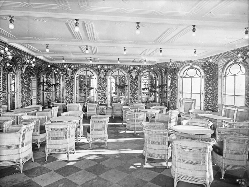The Verandah Café on the Olympic, Titanic's sister ship. Inspired by the casual life of colonial Imperialism, it overlooked the Promenade Deck with its sweeping ocean view. The Verandah Café on the Olympic, Titanic's sister ship. Inspired by the casual life of colonial Imperialism, it overlooked the Promenade Deck with its sweeping ocean view.