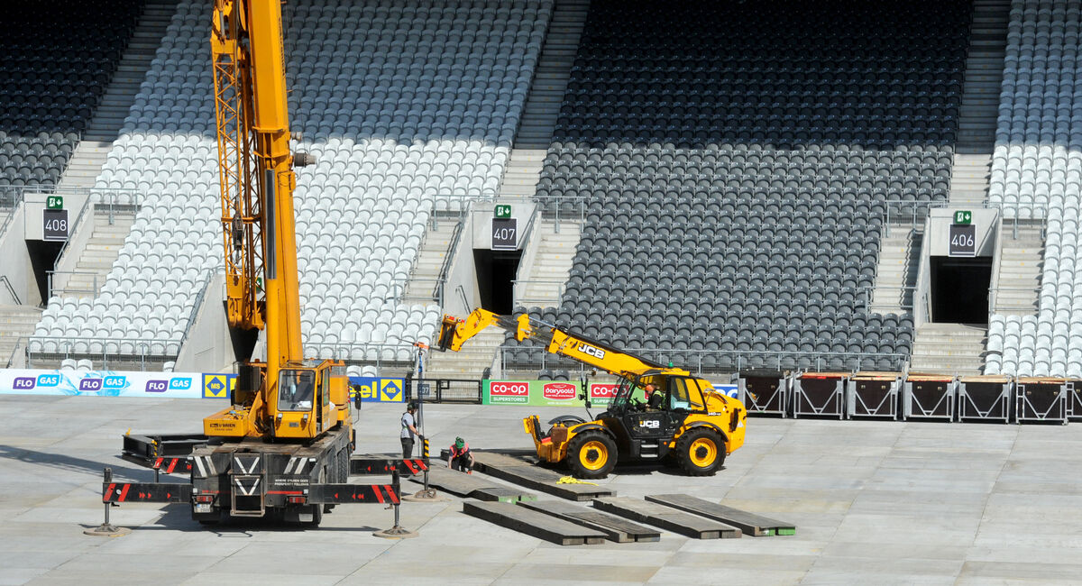 Construction site.....It all adds up.....Stage set-up for Ed Sheeran 'Mathematics Tour' at Pairc Ui Chaoimh, Ballintemple. The circular stage will be set in the middle of the pitch with six T-shaped ramps reaching out into the crowd area. Pic: Larry Cummins