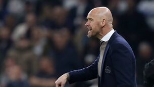 <p>Ajax's Dutch coach Erik Ten Hag gestures on the touchline   (Photo by Ian KINGTON / IKIMAGES)</p>