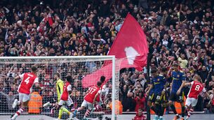 <p>Arsenal's Bukayo Saka and team-mates celebrate scoring a second goal from a penalty during the Premier League match at the Emirates Stadium, London. Picture date: Saturday April 23, 2022. PA Photo. See PA story SOCCER Arsenal. Photo credit should read: John Walton/PA Wire. </p>