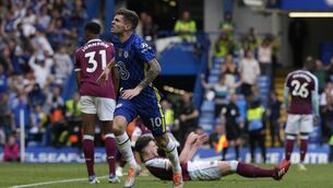 <p>Chelsea's Christian Pulisic celebrates after scoring the only goal of the game during the English Premier League soccer match between Chelsea and West Ham United at Stamford Bridge in London, Sunday, April 24, 2022. Chelsea won the match 1-0. (AP Photo/Alastair Grant)</p>