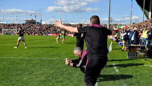 <p>24 April 2022; Galway manager Padraic Joyce, left, and selector John Concannon celebrate at the final whistle of the Connacht GAA Football Senior Championship Quarter-Final match between Mayo and Galway at Hastings Insurance MacHale Park in Castlebar, Mayo. Photo by Brendan Moran/Sportsfile</p>