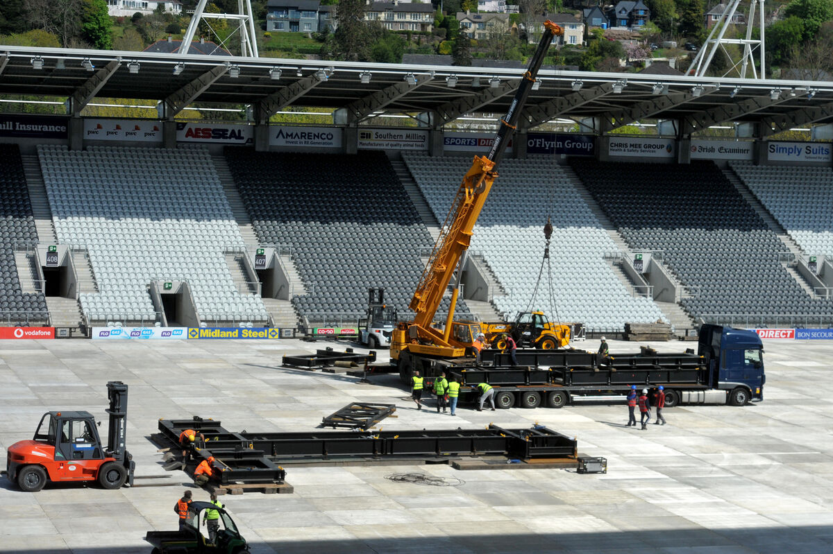 The stage being set up for Ed Sheeran's 'Mathematics Tour' at Páirc Uí Chaoimh, Ballintemple, Cork. 'The fact that the stage is in the centre of the pitch means that we are effectively growing a new pitch after the event and we will need a six-week window,' said Kevin O’Donovan. Picture: Larry Cummins The stage being set up for Ed Sheeran's 'Mathematics Tour' at Páirc Uí Chaoimh, Ballintemple, Cork. 'The fact that the stage is in the centre of the pitch means that we are effectively growing a new pitch after the event and we will need a six-week window,' said Kevin O’Donovan. Picture: Larry Cummins