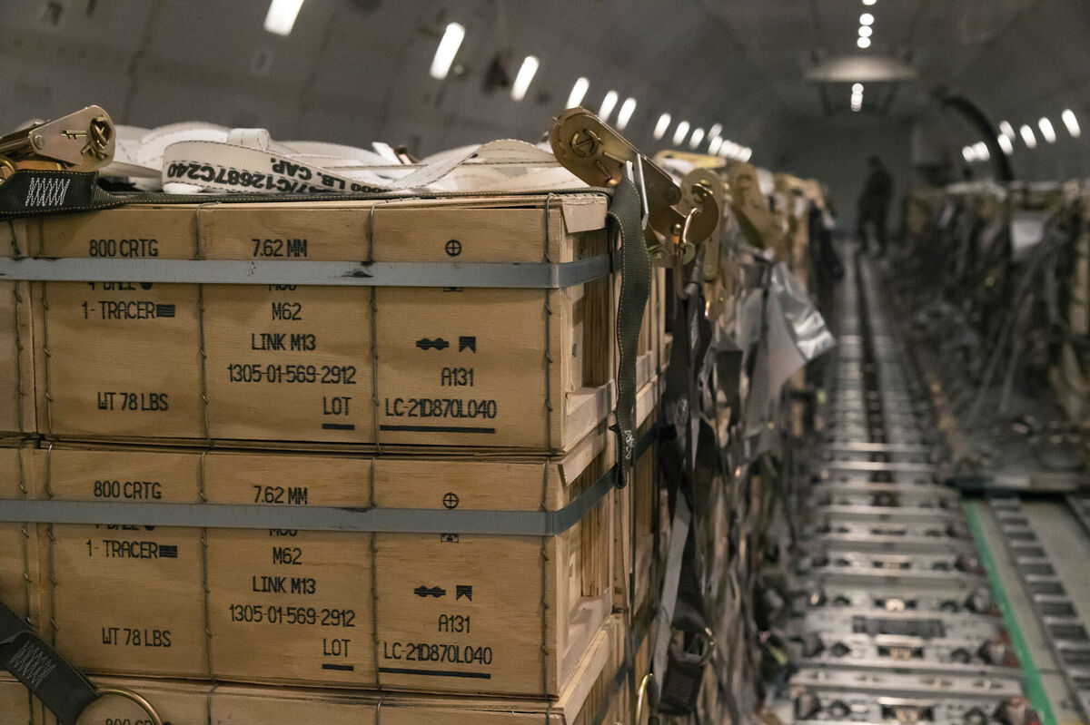 In this image provided by the US Air Force, pallets of ammunition, weapons and other equipment bound for Ukraine are loaded on a plane by members from the 436th Aerial Port Squadron during a foreign military sales mission at Dover Air Force Base, Del. Picture: Senior Airman Stephani Barge/U.S. Air Force via AP