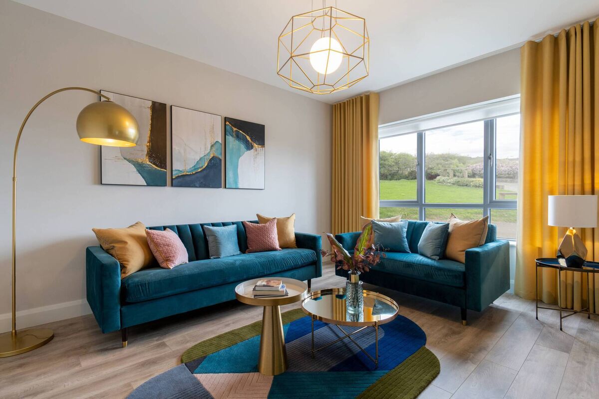 The brief for the interior design to a playful, colourful family home theme. The teal velvet sofas are from Irish company pieces.ie. 