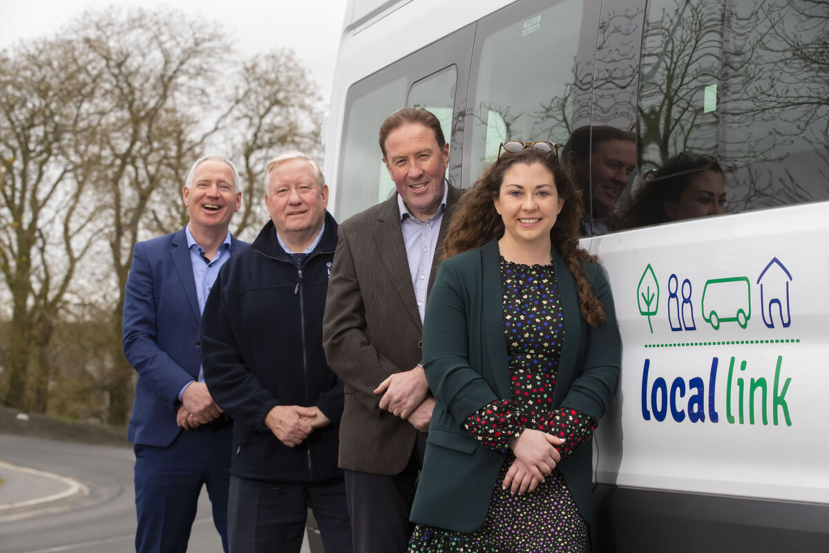 (Left to right) Tim Butler, Kilkenny County Council, Jackie Mealy, Ring-A-Link, Declan Rice, CEO, Kilkenny LEADER Partnership and Laura Kavanagh, JJ Kavanagh &amp; Sons, in Bennettsbridge, Kilkenny, to announce the international Integrated Rural &amp; Urban Transport Evolution (iROUTE ) conference in Kilkenny on May 5. Photograph: Patrick Browne