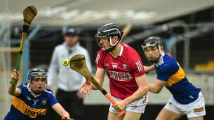 <p class="contextmenu internal_Caption">27 April 2022; Jack Cahalane of Cork in action against Conor Cadell and Conor O’Dwyer of Tipperary during the oneills.com Munster GAA Hurling U20 Championship semi-final match between Tipperary and Cork at FBD Semple Stadium in Thurles, Tipperary. Photo by Diarmuid Greene/Sportsfile</p>