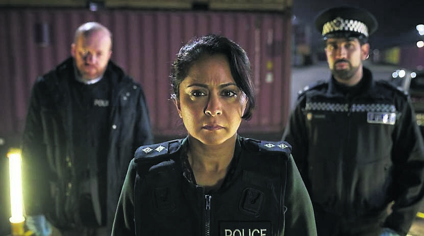 Parminder Nagra as DI Rachita Ray; Maanuv Thara as PS Tony Khatri and Steve Oram as DS Clive Bottomley in DI Ray Parminder Nagra as DI Rachita Ray; Maanuv Thara as PS Tony Khatri and Steve Oram as DS Clive Bottomley in DI Ray