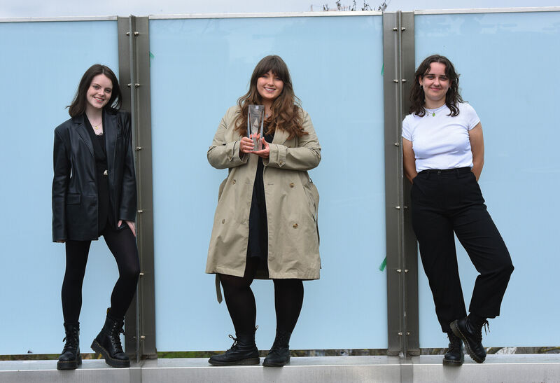  Sophie Finn, University College Dublin , centre, winner with Faye Curran, right, and Mairead Maguire, Trinity College Dublin nominees in the Irish Examiner Journalist of the Year Student Media Awards 2022. Photograph Moya Nolan