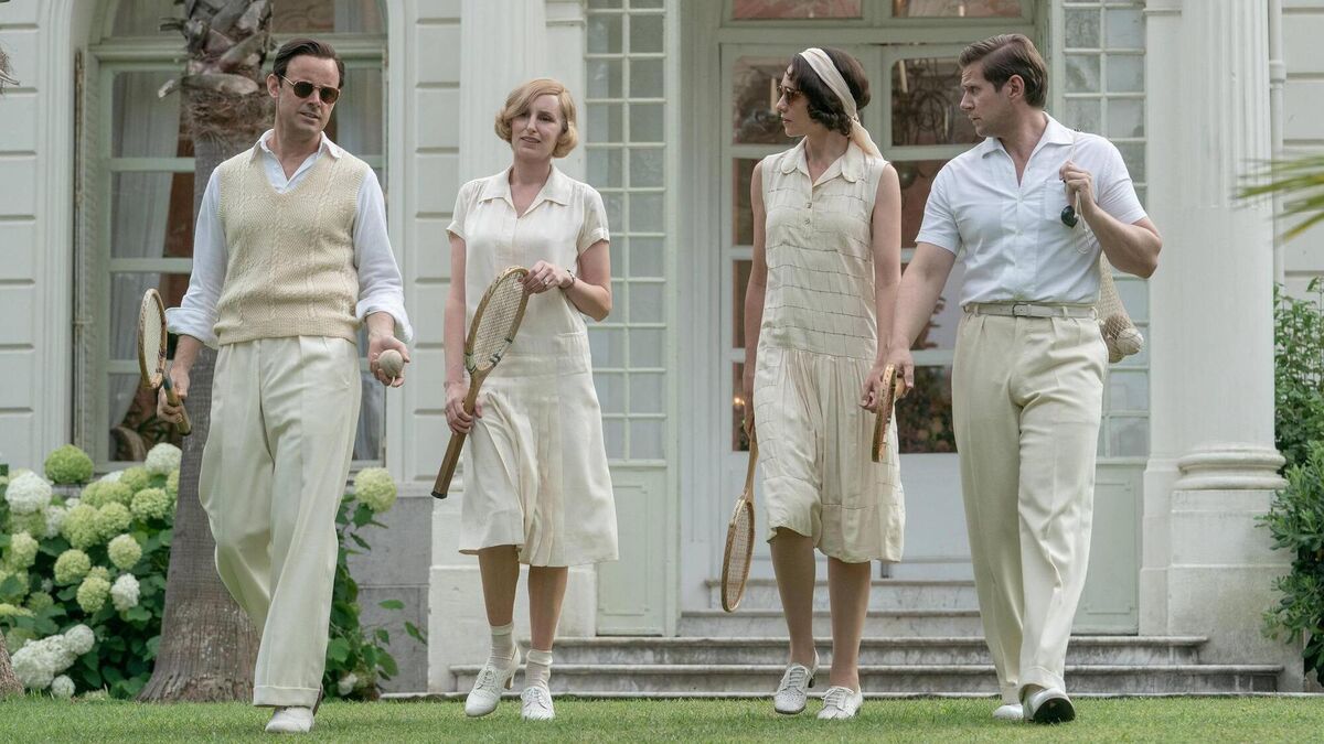 Downton Abbey: A New Era: Harry Hadden-Paton  as Bertie Pelham, Laura Carmichael as Lady Edith, Tuppence Middleton as Lucy Smith, and Allen Leech as Tom Branson. 