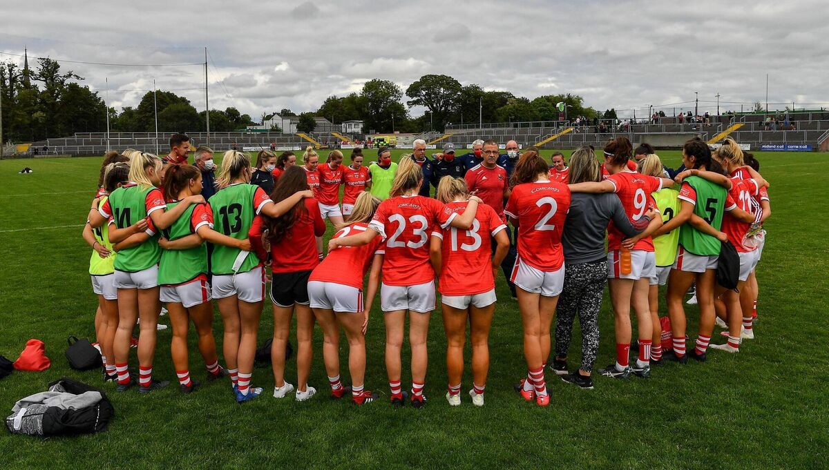 Ephie Fitzgerald talking to the Cork players after the TG4 All-Ireland SFC Group 2 game against Meath in Birr last year. 