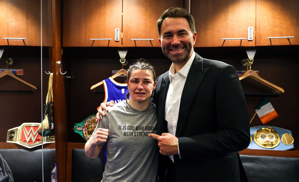 Just too good: Katie Taylor and Eddie Hearn celebrate winning in the changing room after the fight. Pic: INPHO/Gary Carr Just too good: Katie Taylor and Eddie Hearn celebrate winning in the changing room after the fight. Pic: INPHO/Gary Carr