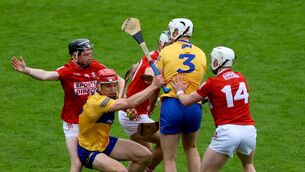 <p>CROWD CONTROL: Cork’s Jack O'Connor, Shane Kingston and Patrick Horgan with John Conlon and Conor Cleary of Clare in today's Munster SHC clash in Thurles.</p>