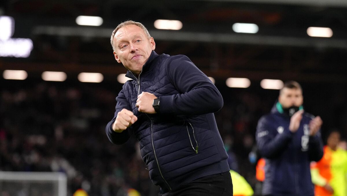 Forest manager Steve Cooper celebrates at Craven Cottage.