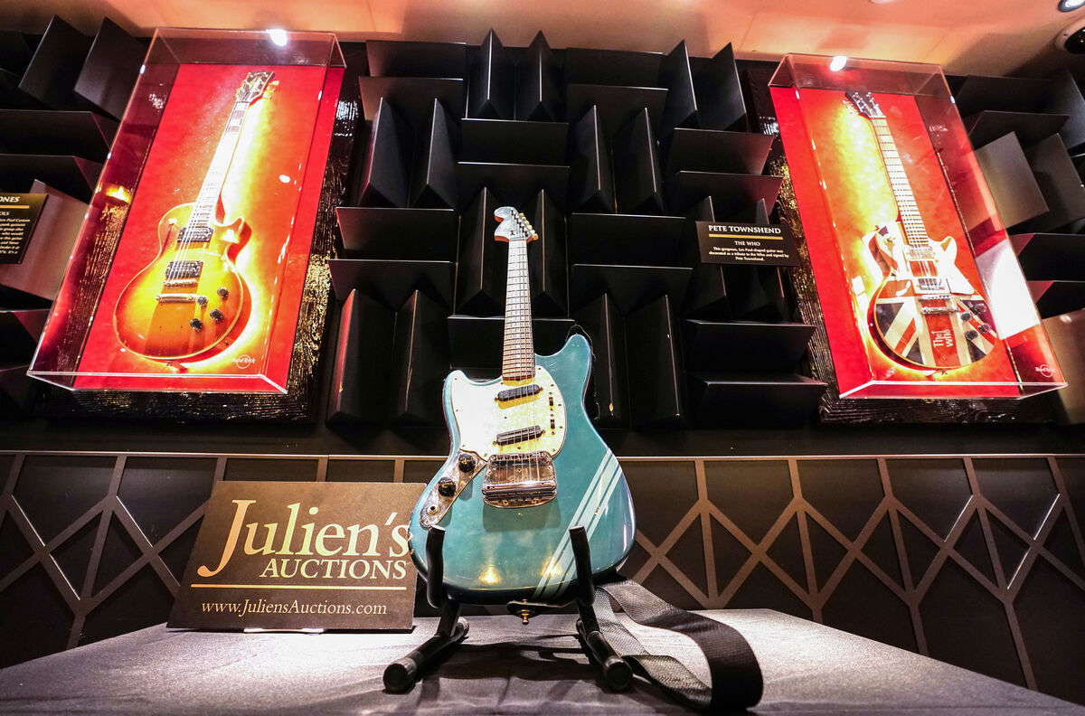 Kurt Cobain's 1969 Fender Mustang Competition Lake Placid Blue Finish electric guitar, which he used in the video for Nirvana's Smells Like Teen Spirit.