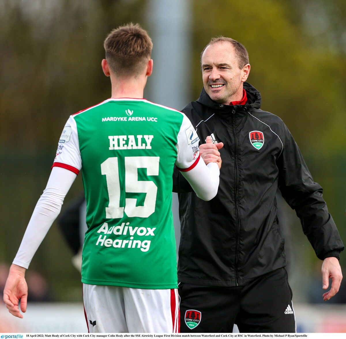 Matt Healy of Cork City with Cork City manager Colin Healy after the SSE Airtricity League First Division match between Waterford and Cork City at RSC. Photo by Michael P Ryan/Sportsfile