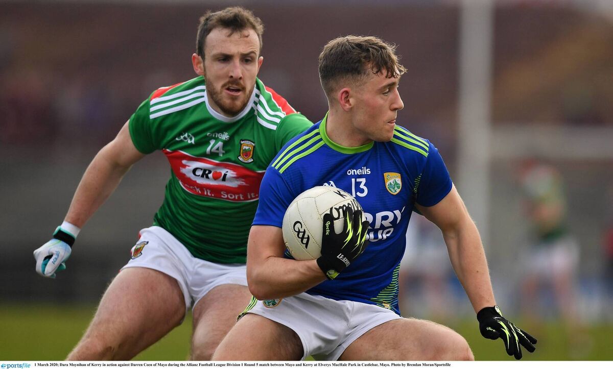 1 March 2020; Dara Moynihan in action against Darren Coen of Mayo during the Allianz Football League. Photo by Brendan Moran/Sportsfile