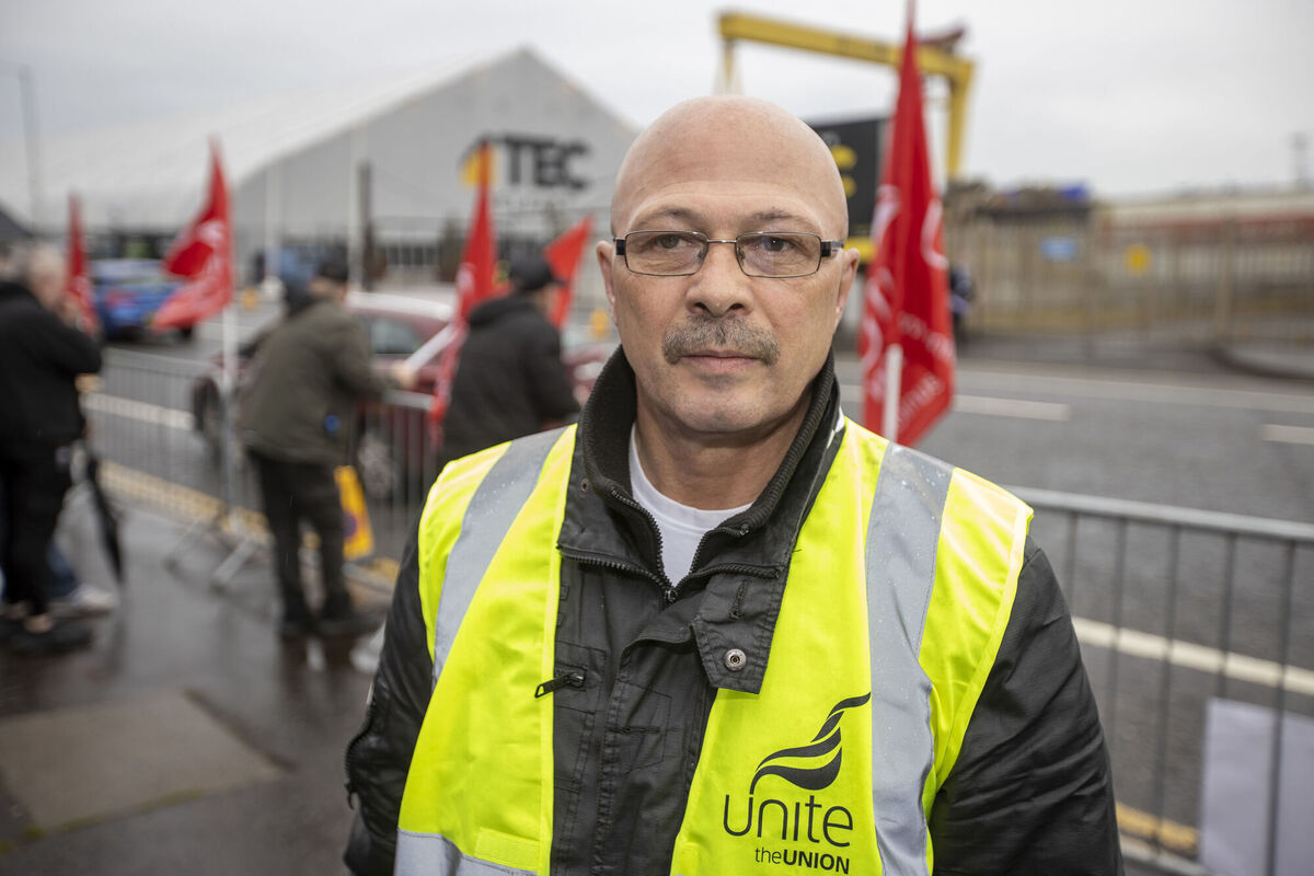 John Moore, Belfast City Council worker and UNITE Union shop steward joins colleagues during a protest outside Titanic Exhibition Centre in Belfast. Picture: Liam McBurney/PA Wire John Moore, Belfast City Council worker and UNITE Union shop steward joins colleagues during a protest outside Titanic Exhibition Centre in Belfast. Picture: Liam McBurney/PA Wire