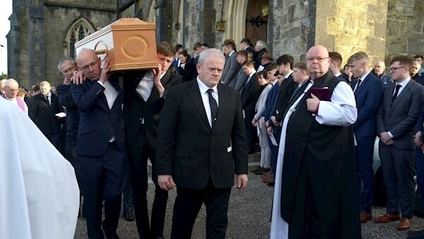 Pictured at St Peters Church Bandon Co Cork was Bishop of Cork and Ross Paul Colton and class mates who formed a guard of honor as the family carry the remains of Cameron Blair before his burial at Kilbeg Cemetary. Picture Denis Boyle.