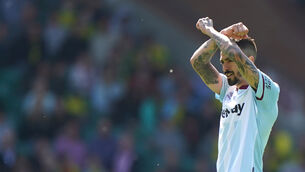 <p>West Ham United's Manuel Lanzini celebrates scoring their side's fourth goal of the game from the penalty spot during the Premier League match at Carrow Road, Norwich.</p>
