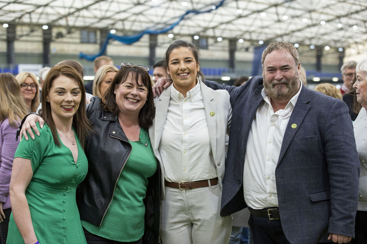 Sinn Féin MP Michelle Gildernew (second from left) celebrating at the Meadowlands in Magherafelt with MLAs Jemma Dolan, Áine Murphy, and Colm Gildernew. Picture: Liam McBurney/PA Sinn Féin MP Michelle Gildernew (second from left) celebrating at the Meadowlands in Magherafelt with MLAs Jemma Dolan, Áine Murphy, and Colm Gildernew. Picture: Liam McBurney/PA